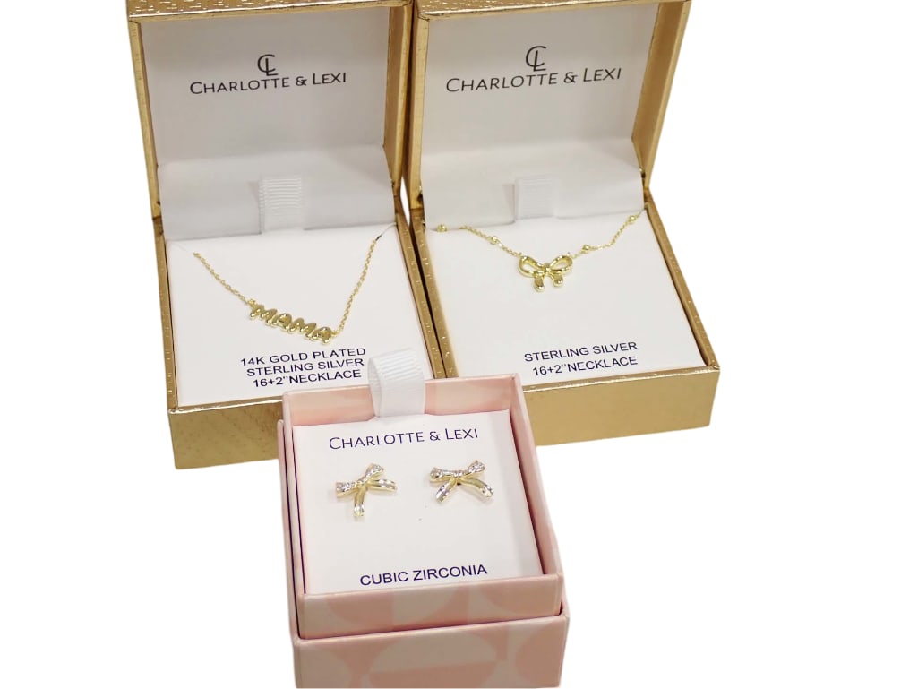14K Gold Plated Sterling Silver Mama Necklace, Charlotte & Lexi Sterling Silver Bow Necklace and: 14K Gold Plated Sterling Silver Mama Necklace, Charlotte & Lexi Sterling Silver Bow Necklace and Sterling Silver and Cubic Zirconia Bow Earrings Live Auctioneers is now offering Live Shipping thro