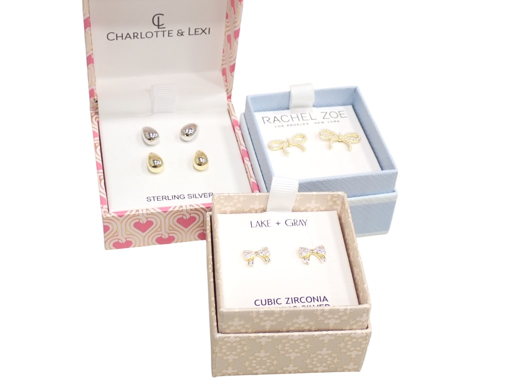Sterling Silver Earrings incl Rachel Zoe Sterling Silver Bow Earrings, Charlotte & Lexi: Sterling Silver Earrings incl Rachel Zoe Sterling Silver Bow Earrings, Charlotte & Lexi Sterling Silver TEardrop Earrings, Lake + Gray Cubic Zirconia and Sterling Silver Bow Earrings Live Auct