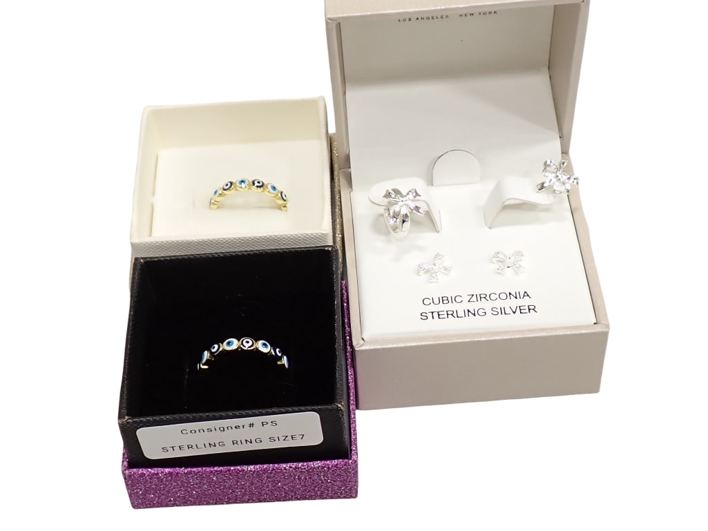Sterling Silver Rings and Earrings incl 2 Rings and 2 Pr of Earrings: Lot of Sterling Silver Rings and Earrings incl 2 Rings and 2 Pr of Earrings Live Auctioneers is now offering Live Shipping through them. This is an optional payment/shipping system. If you would like 