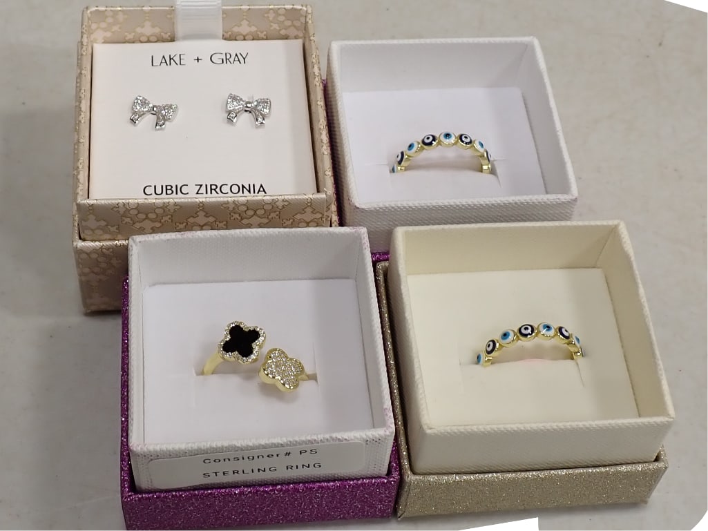 Sterling Silver Rings and Earrings Lot incl Lake + Gray Cubic Zirconia and Sterling Silver Bow Earri: Sterling Silver Rings and Earrings Lot incl Lake + Gray Cubic Zirconia and Sterling Silver Bow Earrings Live Auctioneers is now offering Live Shipping through them. This is an optional payment/shi