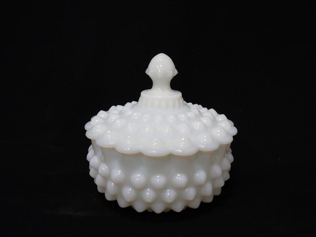 Fenton White Hobnail Milk Glass Candy Dish with a Pinkish Purple Glow Under Black Light (1 of 10)