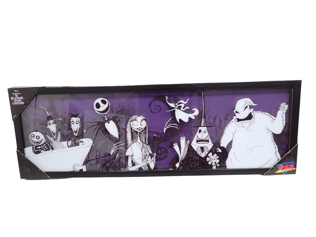 Disney Tim Burton's The Nightmare Before Christmas Framed Print Pop Creations 30" x 10": Disney Tim Burton's The Nightmare Before Christmas Framed Print Pop Creations 30" x 10" .? New with box corners still on 3 of the corners Live Auctioneers is now offering Live Shipping th