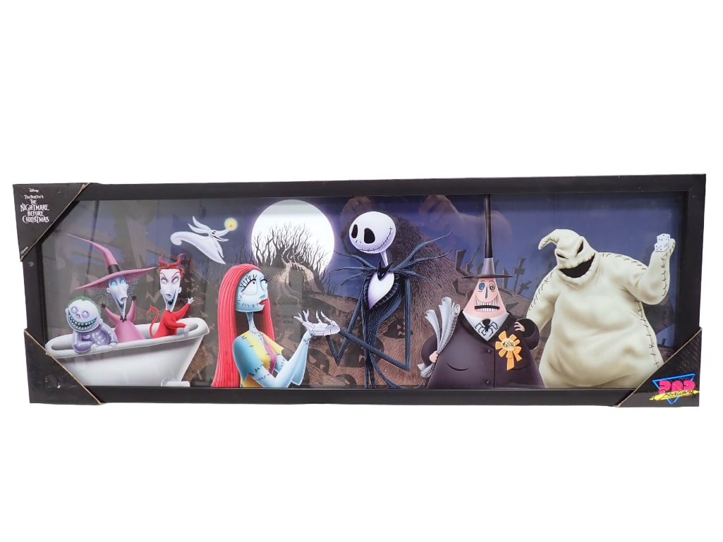 Disney Tim Burton's The Nightmare Before Christmas Framed Print Pop Creations 30" x 10": Disney Tim Burton's The Nightmare Before Christmas Framed Print Pop Creations 30" x 10" . New with box corners still on 3 of the corners Live Auctioneers is now offering Live Shipping thr