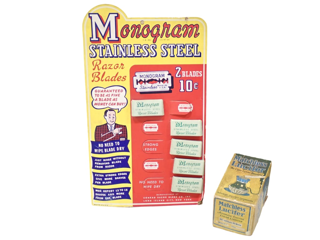 Vintage Monogram Stainless Steel Razor Blade Store Display and Matchless Lucifer Table Lighter with (1 of 16)