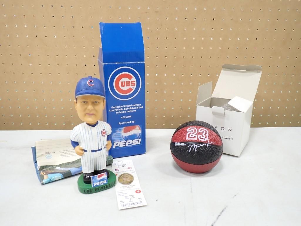 Sports Lot including Michael Jordan Chicago Bulls Watch with Basketball Case, Lou Piniella Bobble: Sports Lot including Michael Jordan Chicago Bulls Watch with Basketball Case, Lou Piniella Bobble Head, etc Live Auctioneers is now offering Live Shipping through them. This is an optional payment/shi