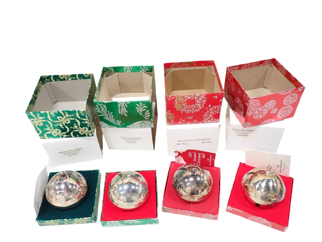 4 Wallace Silversmiths Annual Christmas Bells incl 1987, 1990, 1991, 1992: 4 Wallace Silversmiths Annual Christmas Bells incl 1987, 1990, 1991, 1992 in Original Boxes Live Auctioneers is now offering Live Shipping through them. This is an optional payment/shipping system. I