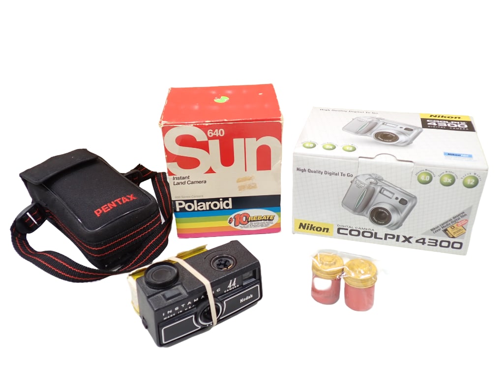 Camera Lot including Nikon Coolpix 4300, Polaroid Sun 640, Kodak Instamatic, etc. (1 of 12)