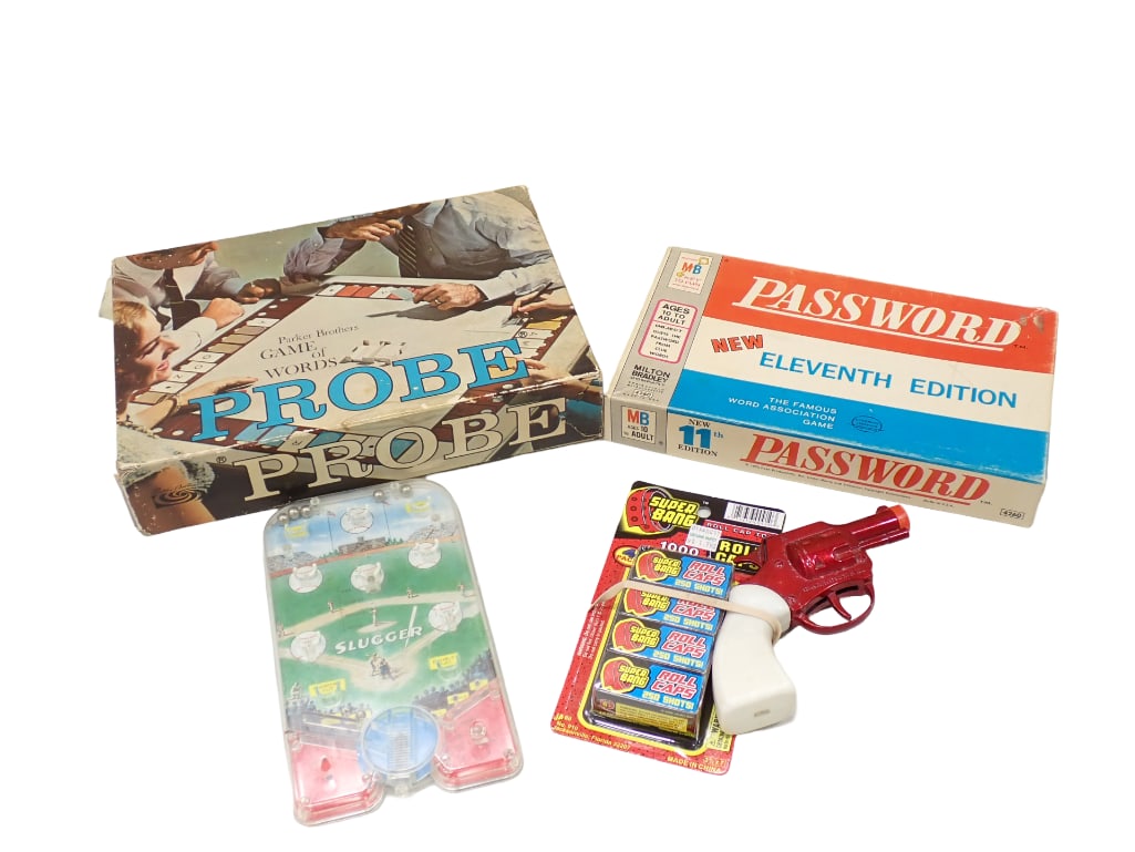 Vintage Games and Toys incl Cap Gun with Roll Caps, Slugger Pinball Tyle Game, Password, Probe: Vintage Games and Toys incl Cap Gun with Roll Caps, Slugger Pinball Tyle Game, Password, Probe.? Condition:? games are unchecked for completeness.? Includes everything shown in the pictures. Live Auc