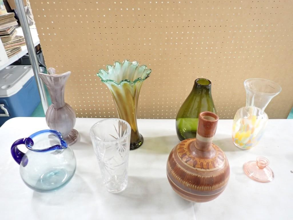 Pottery and Glass Lot incl Stretch or Swung Vase, Southwest Style Pottery Vase, etc (1 of 10)