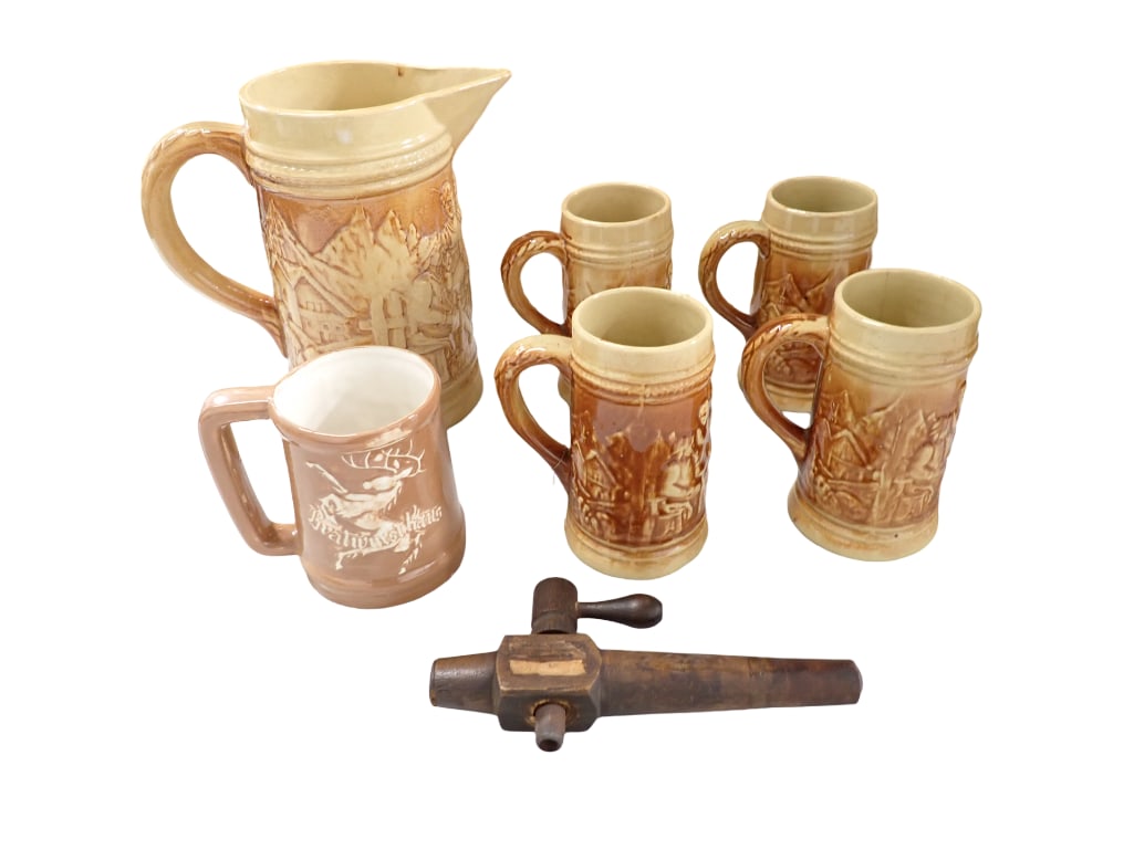 Beer Lot incl a Set of 4 Mugs and a Pitcher, a Wood Tapper, and 1 Different Stein (1 of 8)