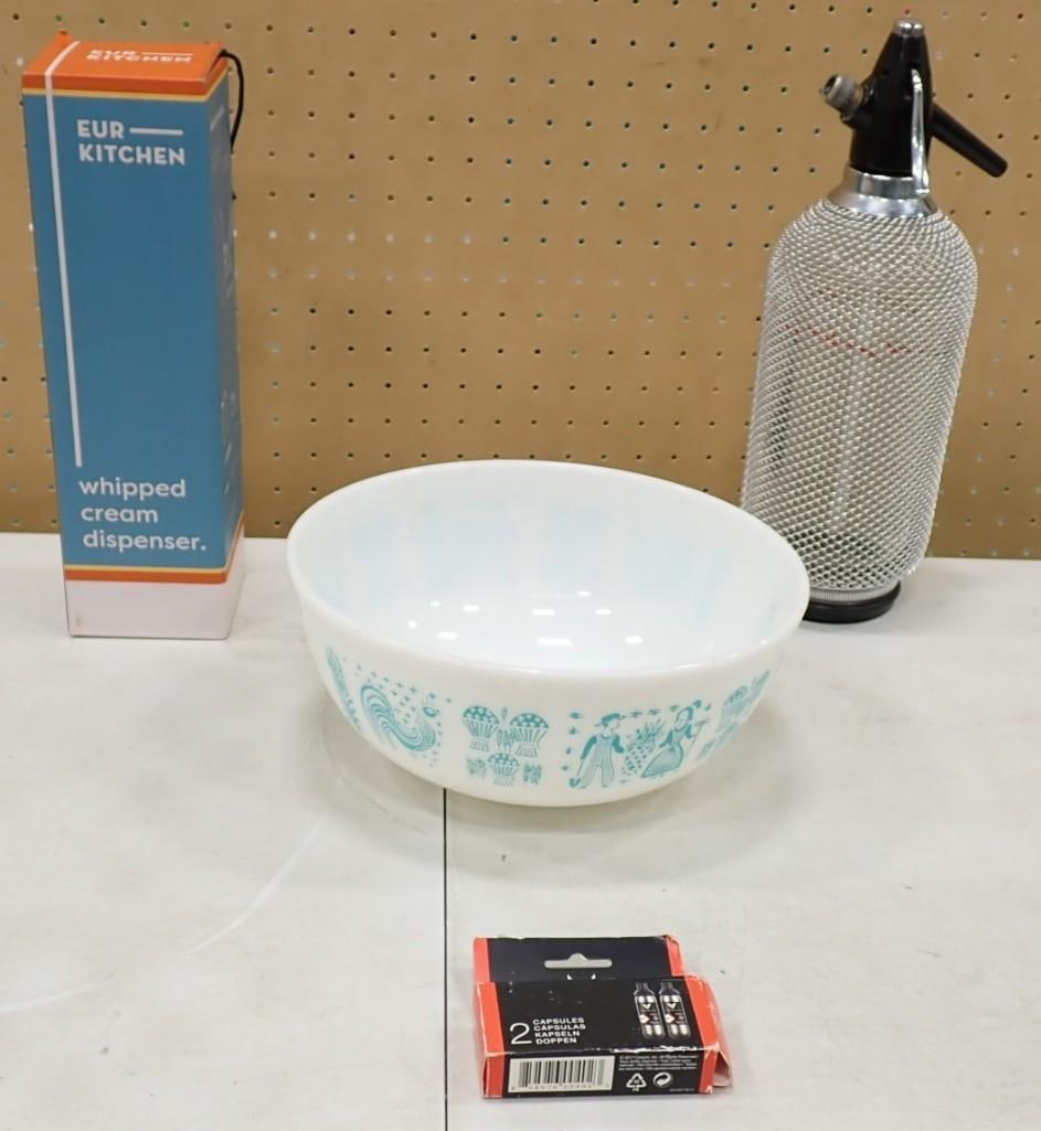 Kitchen Lot including Pyrex Butterprint Turquoise, Whipped Cream Dispenser with CO2, Seltzer Dispens (1 of 7)