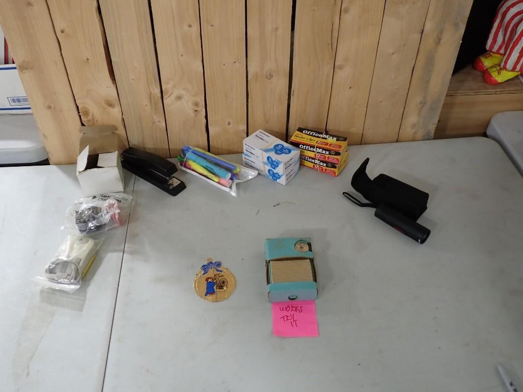 Misc. Lot including Vintage Teal GE Transistor Radio - works, Office Supplies, Red Push button, Tasc (1 of 6)