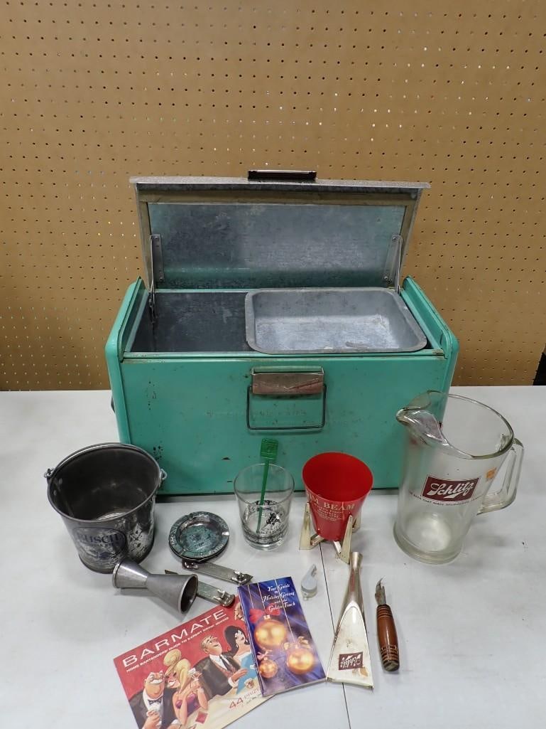 Vintage Teal Metal Cooler with Barware Goodies including Ashtrays, Shlitz, Jim Beam, Openers, etc.: Vintage Teal Metal Cooler with Barware Goodies including Ashtrays, Shlitz, Jim Beam, Openers, etc. Live Auctioneers is now offering Live Shipping through them. This is an optional payment/shipping sys
