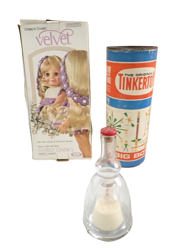Vtg Toys incl Ideal Crissy's Cousin Velvet Swirly Daisies Doll, in Original Box, Tinkertoys, Doll in: Vintage Toys incl Ideal Crissy's Cousin Velvet Swirly Daisies Doll in Original Box, Tinkertoys, Doll in a Bottle Outer box on the Velvet doll measures 18"x8"x4" Includes Look Around Velvet doll all or