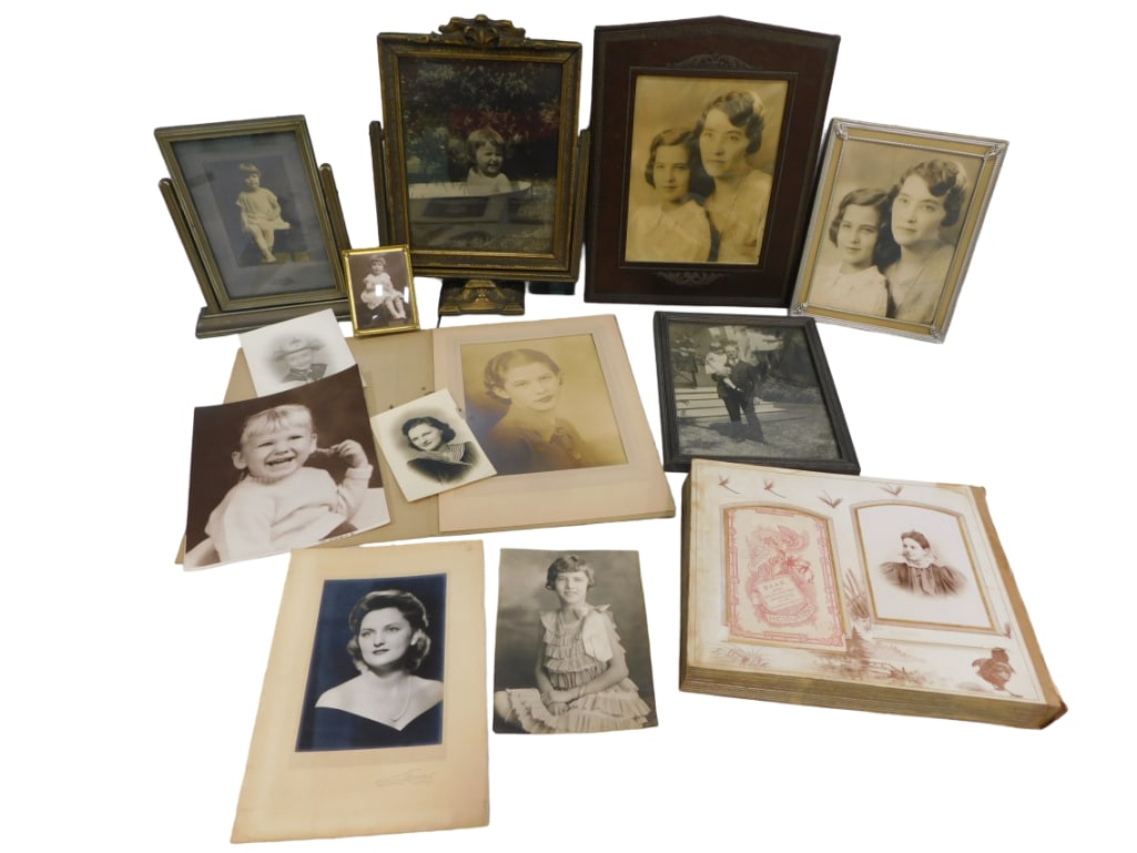 Vtg/Antique Early 1900s Family Photos/Portraits Lot: Early 1900s mostly 1 family mom, dad, children, babies, photos / pictures.? Some in old, ornate frames.? Includes an antique photo scrapbook. Live Auctioneers is now offering Live Shipping through the