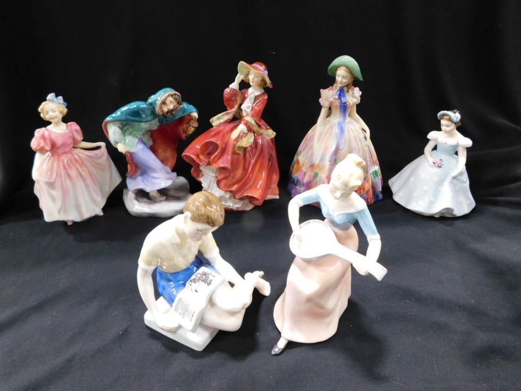 7 Royal Doulton Porcelain Figurines incl Sweeting, Winter HN 2088 Copr 1951, Top o' The Hill,: 7 Royal Doulton Porcelain Figurines incl Sweeting, Winter HN 2088 Copr 1951, Top o' The Hill, Easter Day RaNo 842489,? The Bridesmaid HN 2196 Copr 1959, Treasure Island HN 2243 Copr 1961, Melody H