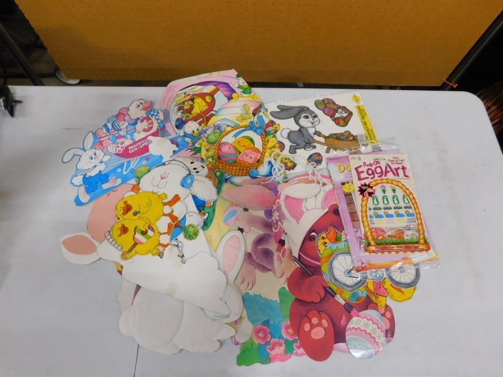 Lot of assorted Easter Decorations including Window Decals, Rub on Egg Art, Bunnies, chickens, etc. (1 of 5)