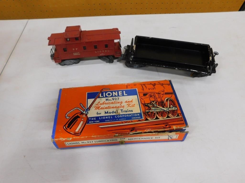 Lionel Train Lot including 6357 Caboose, No. 927 Cleaning Kit and 3469 Dump Car: Lionel Train Lot including 6357 Caboose, No. 927 Cleaning Kit and 3469 Dump Car 11x3x3" Live Auctioneers is now offering Live Shipping through them.? This is an optional payment/shipping system.? 