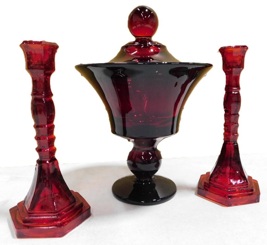 Vintage Paden Glass Ruby Red / Amberina Covered Candy Dish Apothecary - Glows under Black Light (1 of 5)