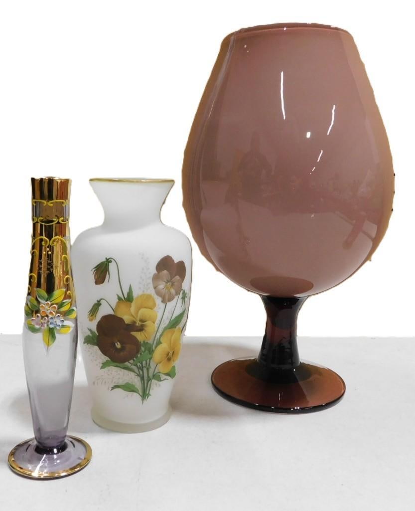 MCM Empoli Blown Glass Brandy Snifter or Ballon Goblet, Hand Painted Enamel Florals Bud Vases (1 of 4)