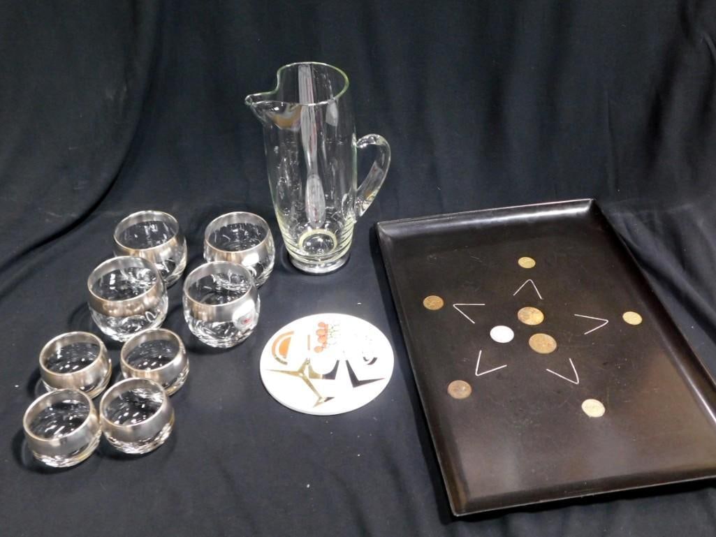 8 Dorthy Thorpe Silver Banded Roly Poly Glasses and Pitcher, Vintage MCM Couroc Tray with World Coin (1 of 7)