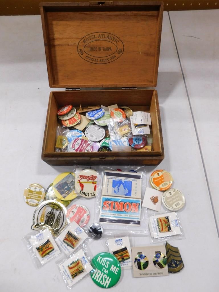 Lot of Pin Back Buttons, Pins, etc in a Wood Cigar Box (1 of 5)