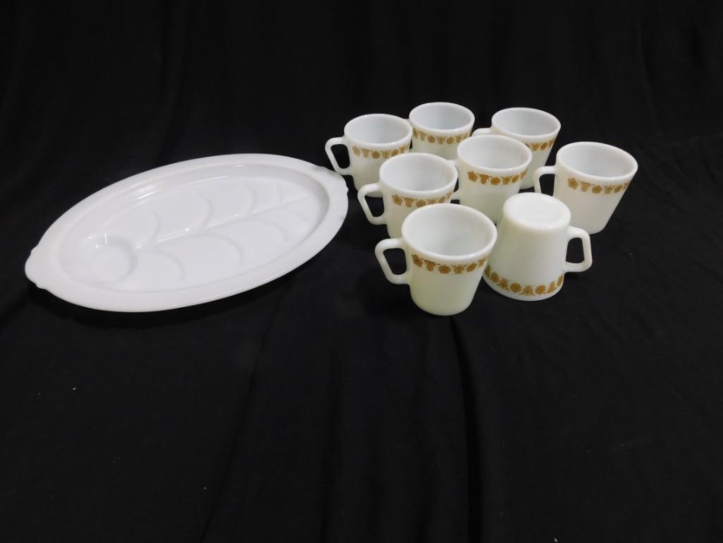 Pyrex and Fire King Lot including 8 Butterfly Gold Coffee Cups and Milk Glass Tree of Life Oval (1 of 5)