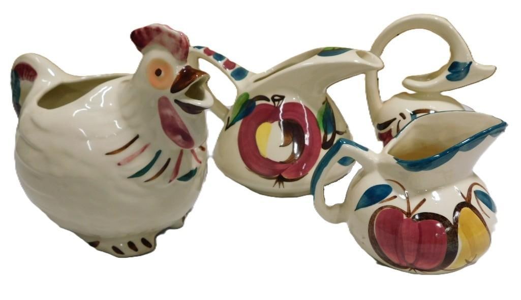 Vintage 1940s Shawnee Pottery Chanticleer Painted Chicken Pitcher and 3 Hand Painted Pitchers (1 of 3)