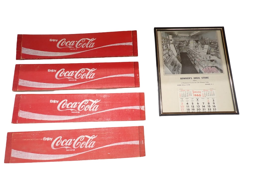 Vtg 1960 Bowker's Drug Store Advertising Calendar and 4 Coca Cola Wood Crate Ends (1 of 5)