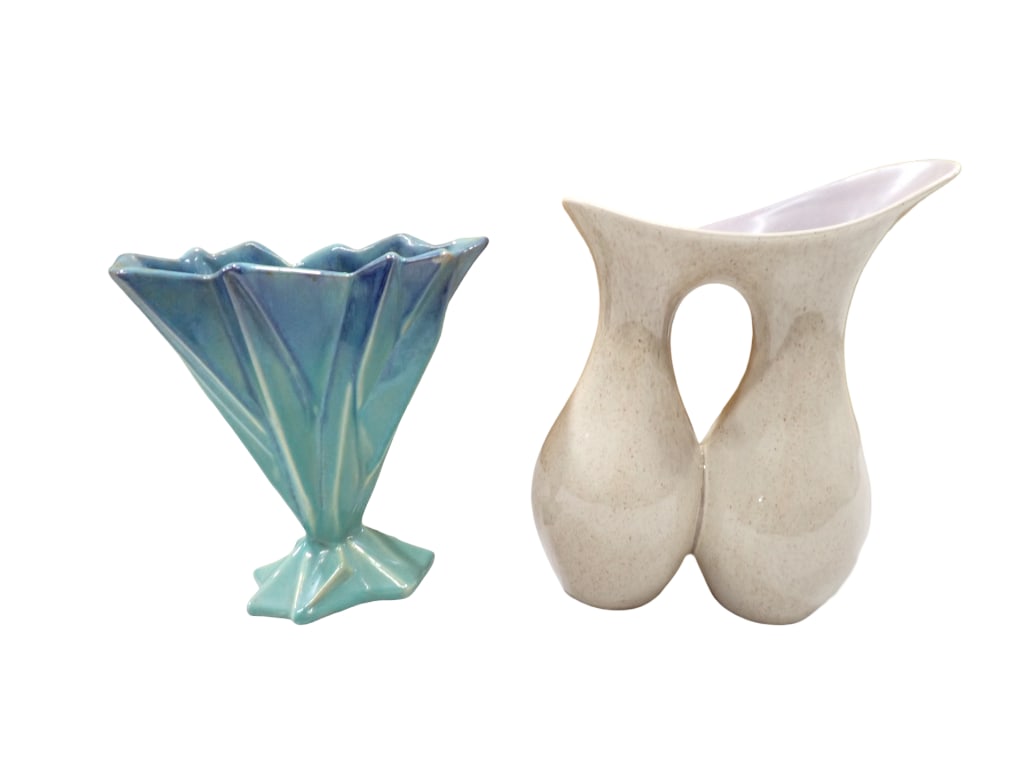 2 Vintage Pottery Vases incl 1 Aqua and Blue Mid Century and 1 Double Gourd Vase Possibly Red Wing (1 of 10)