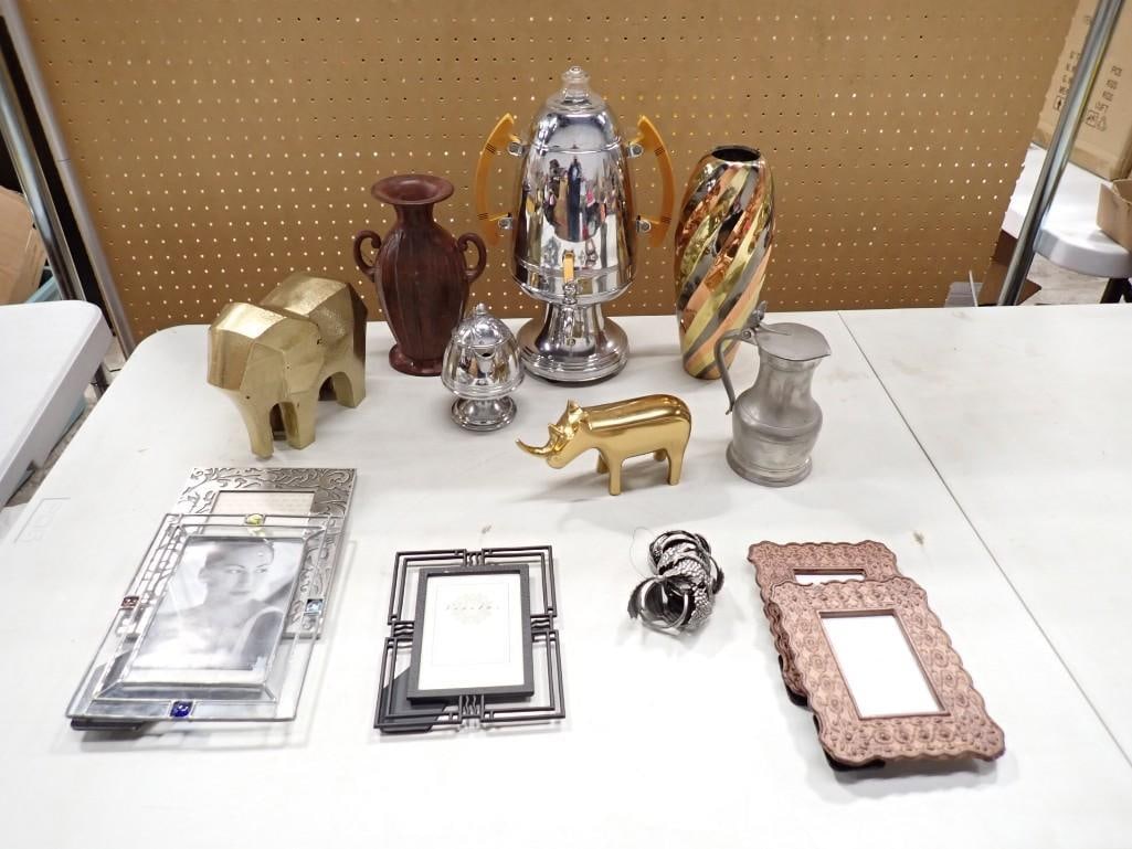 Lot of 14 Metal Items incl Coffee Urn with Bakelite Handles, Creamer, Metal Elephant Figure,: Lot of 14 Metal Items incl Coffee Urn with Bakelite Handles, Creamer, Metal Elephant Figure, Brass Rhinosaurus, Vases, Picture Frames, etc Live Auctioneers is now offering Live Shipping through them.
