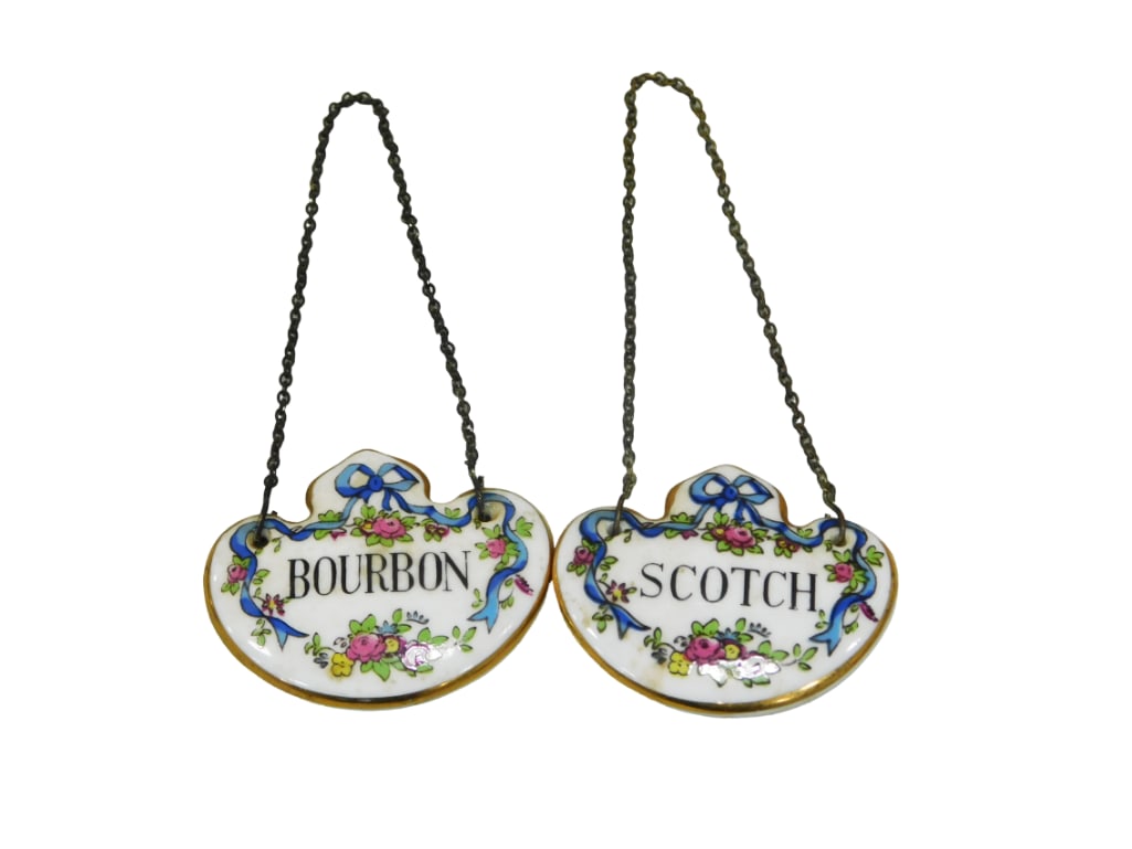 2 English Crown Staffordshire porcelain decanter tags; Scotch and Bourbon (1 of 3)