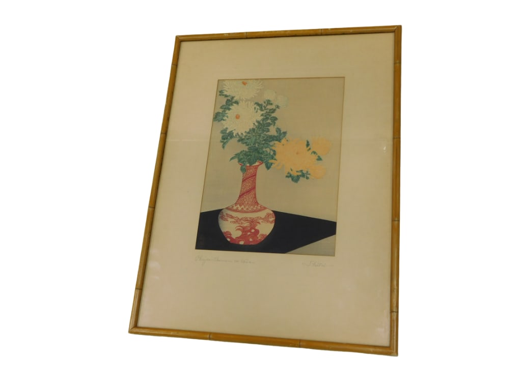 Takahashi Katsutaro (Japanese, 1871-1945); Chrysanthemums in Vase, Woodblock print, 1936. Pencil sig: Takahashi Katsutaro (Japanese, 1871-1945); Chrysanthemums in Vase, Woodblock print, 1936. Pencil signed lower right and titled lower left. Reverse with Chappell's Gallery, Pasadena, California lab