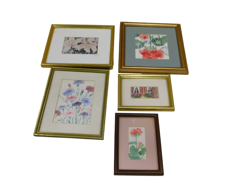 Noriko Coley (Japanese/American, 1943-2021); 5 watercolors of lilies, geraniums, carnations and wind (1 of 8)