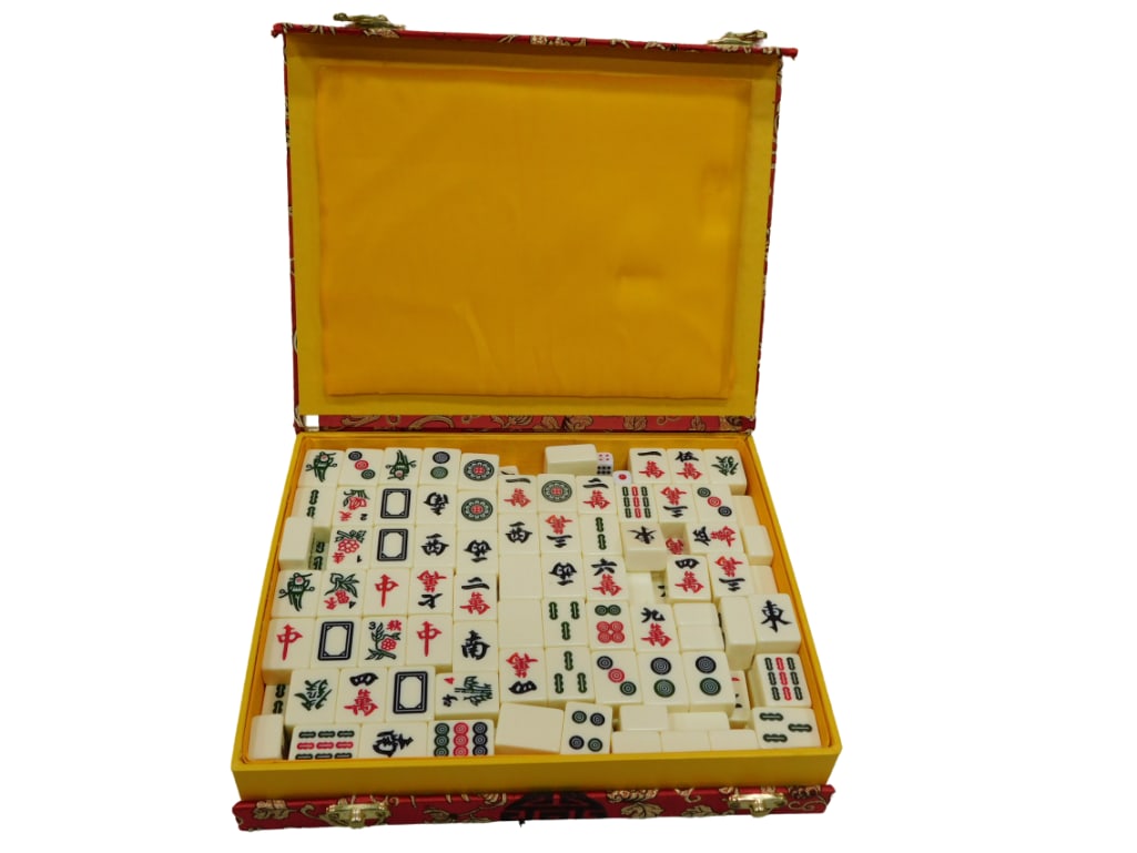 Mahjong game tiles and dice in gold, red and yellow Chinese case: Mahjong game tiles and dice in gold, red and yellow Chinese case? Live Auctioneers is now offering Live Shipping through them. This is an optional payment/shipping system. If you would like to use th