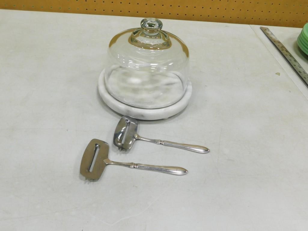 Marble cheese board with glass dome and 2 Swedish silverplate cheese knives / planer / slicers (1 of 2)