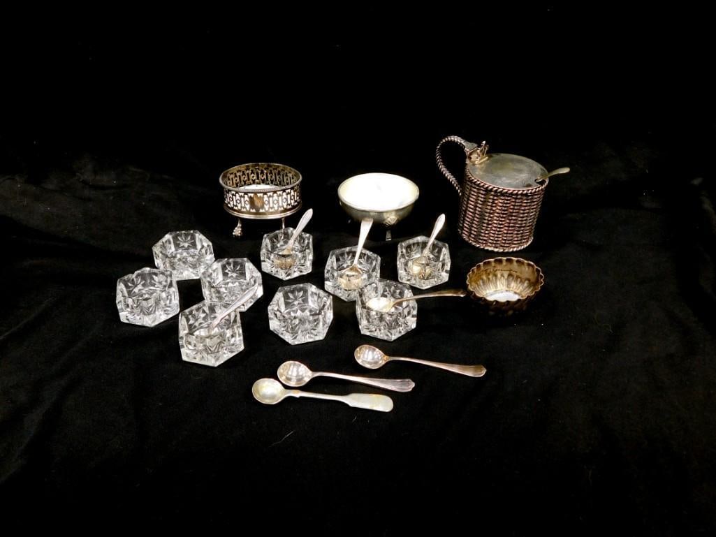 Salt cellar collection; set of 9 crystal salt cellars, 2 Sheffield silverplate salt spoons, 3 Swedis (1 of 10)