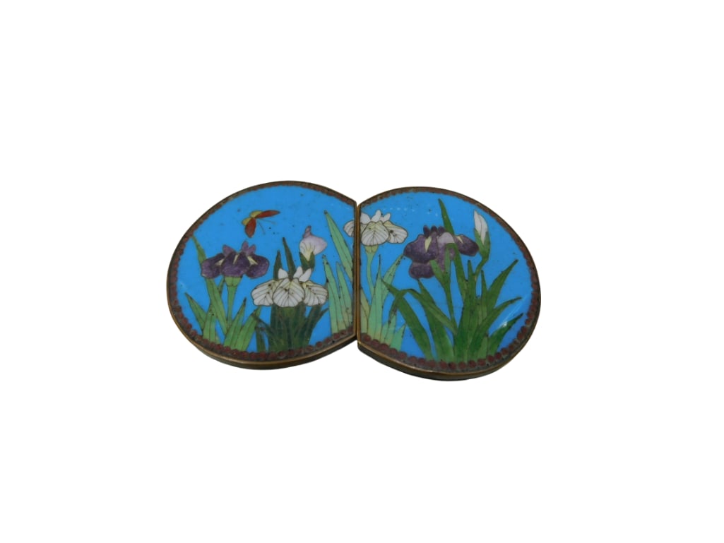 Japanese cloisonne enamel belt buckle. Blue ground cloisonne enamel with butterfly and white and pur: Japanese cloisonne enamel belt buckle. Blue ground cloisonne enamel with butterfly and white and purple irish decoration Live Auctioneers is now offering Live Shipping through them. This is an optiona