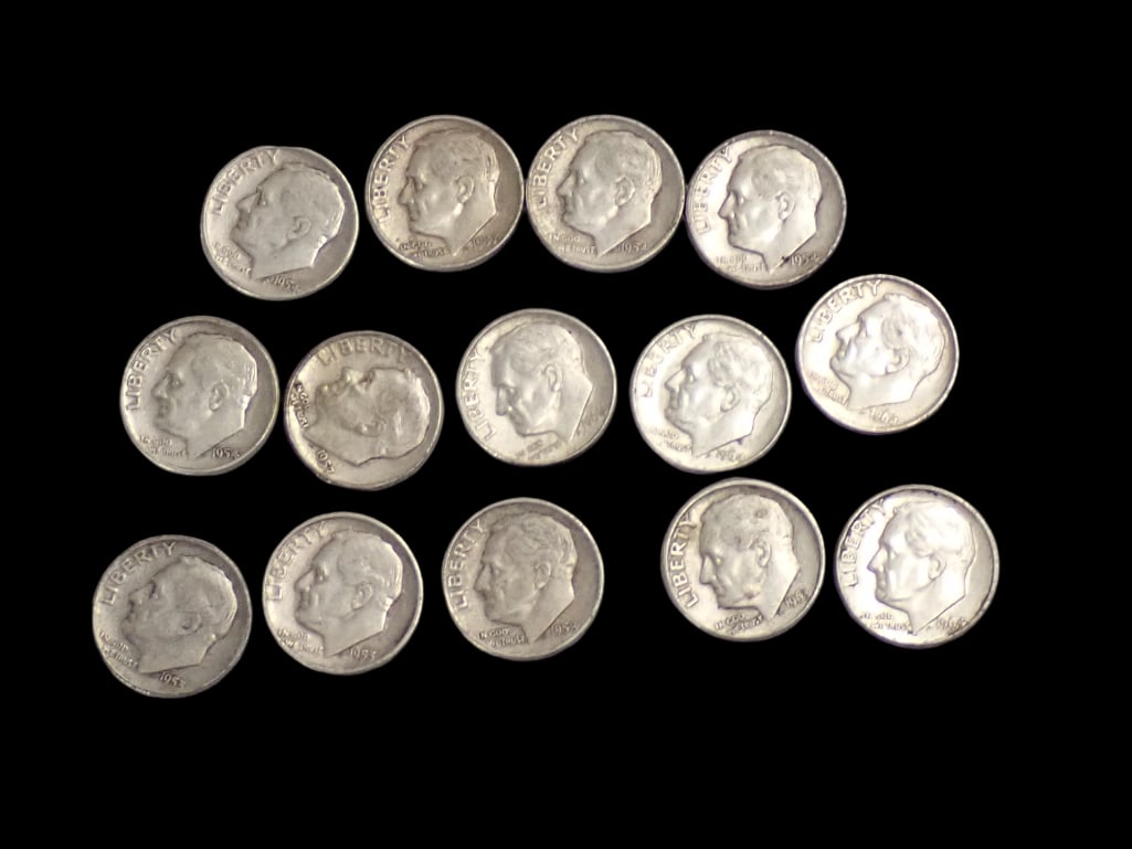 US Silver Content Dime collection; two 1953, four 1954, two 1957, 1958, one 1963 and four 1964 (1 of 6)