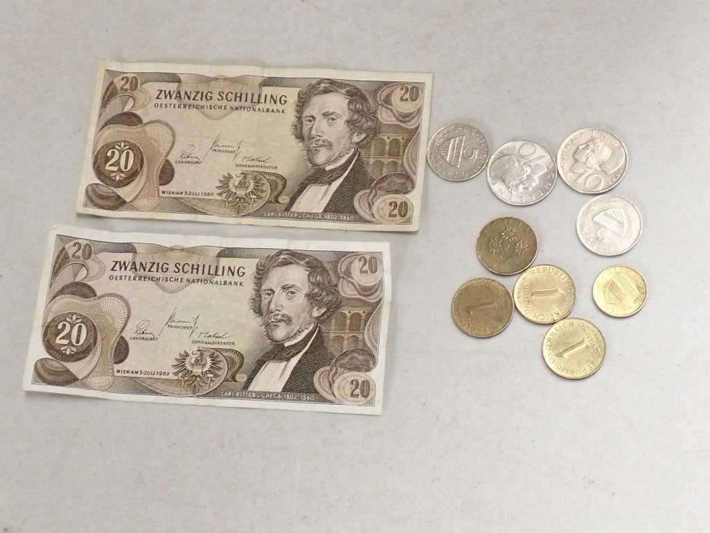 Austrian currency; Two 1967 20 Zwanzig Schilling paper notes, one 1974 10 schilling coin, one 1993 1 (1 of 6)