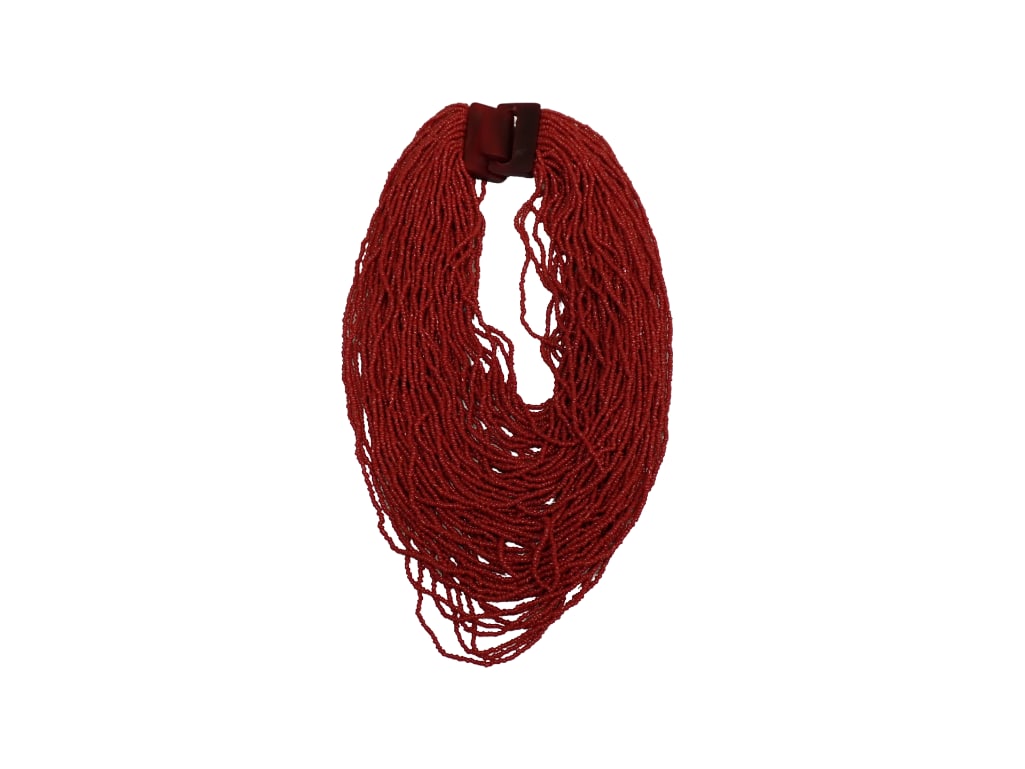 Style of Gerda Lynggaard for Monies 60 strand coral and turquoise bead necklace with red horn clasp.: Style of Gerda Lynggaard for Monies 60 strand coral and turquoise bead necklace with red horn clasp. Shortest strand length: 16" Longest length: 30" (including horn clasp) Live Auctioneers is