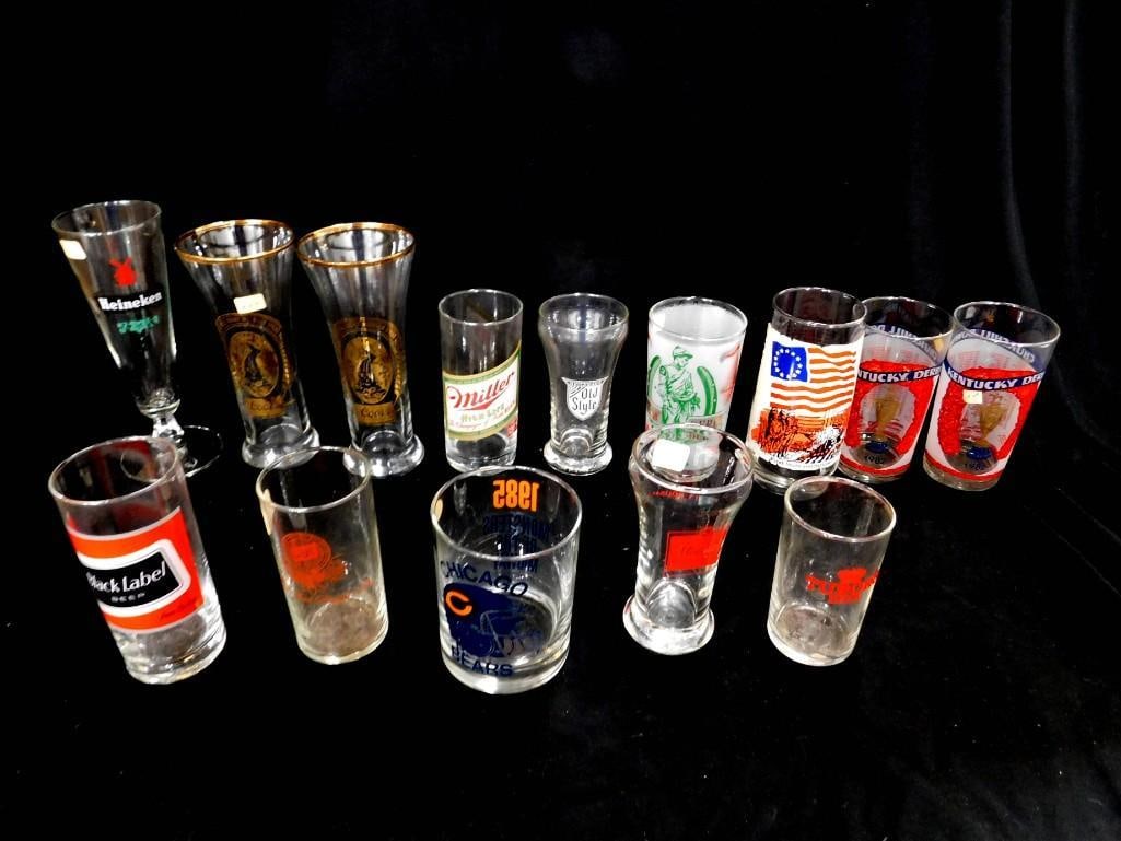 Lot of Beer Drinking Glasses including Heineken, Black Label, Miller, Chicago Bears, Kentucky Derby (1 of 9)