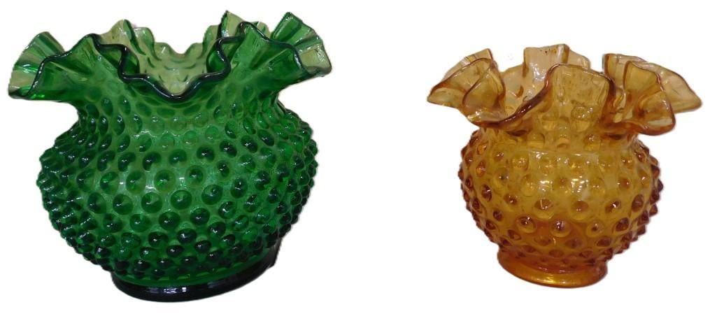 Vintage Fenton Emerald Green and Amber Glass Hobnail Ruffled Edge Bowls or Vases (1 of 8)