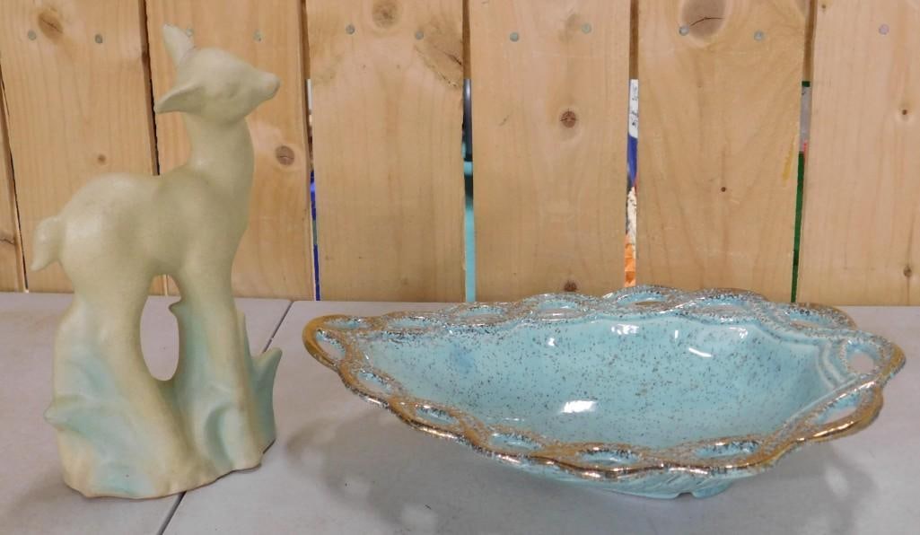 Rosemeade Pottery Deer and California Originals Leaf Bowl Speckled Aqua and Gold Dish: Rosemeade Pottery Deer and California Originals Leaf Bowl Speckled Aqua and Gold Dish