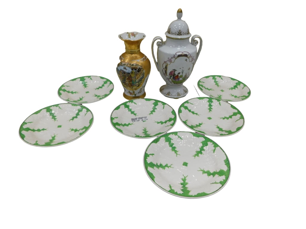 6 Antique Wedgwood Cabbage Plates, A Porcelain Vase, and a Porcelain Urn: 6 Antique Wedgwood Cabbage Plates, A Porcelain Vase, and a Porcelain Urn Live Auctioneers is now offering Live Shipping through them. This is an optional payment/shipping system. If you would like to