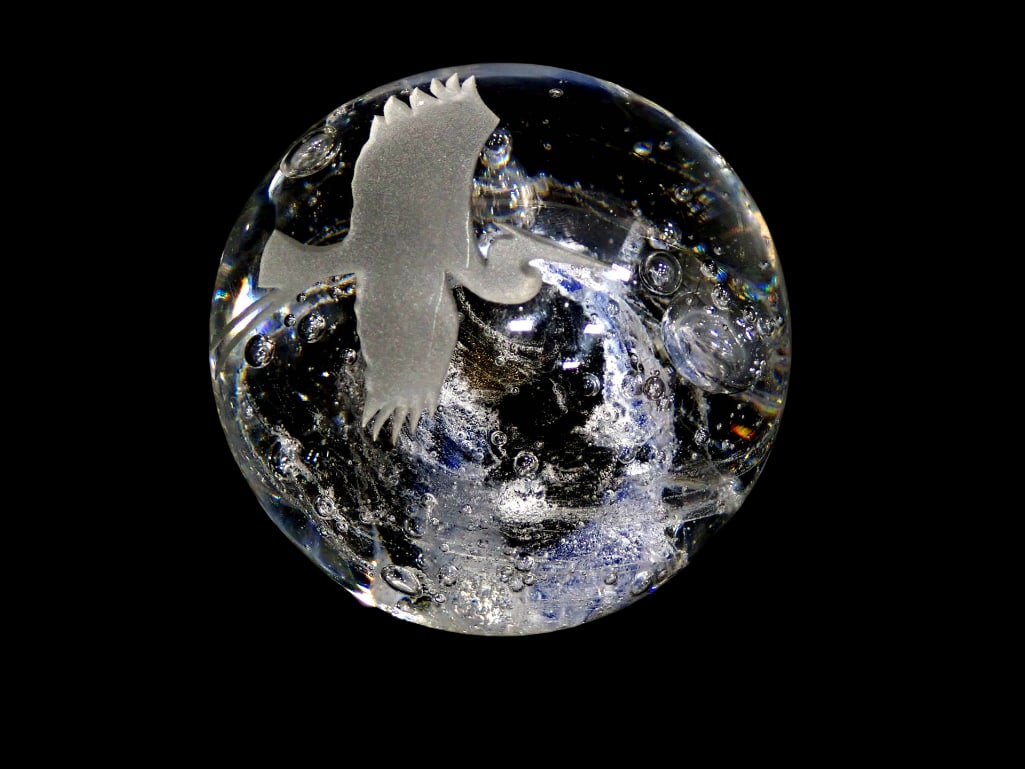 Signed Paperweight with Etched Glass Bird: Signed Paperweight with Etched Glass Bird