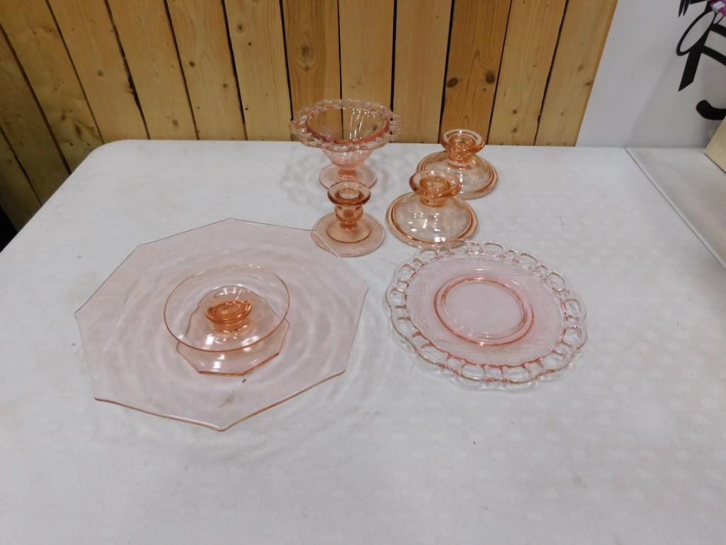 Pink Depression Glass incl Lace Edge Plate, Lace Edge Footed Bowl, Cake Plate, Candlestick Holders (1 of 9)