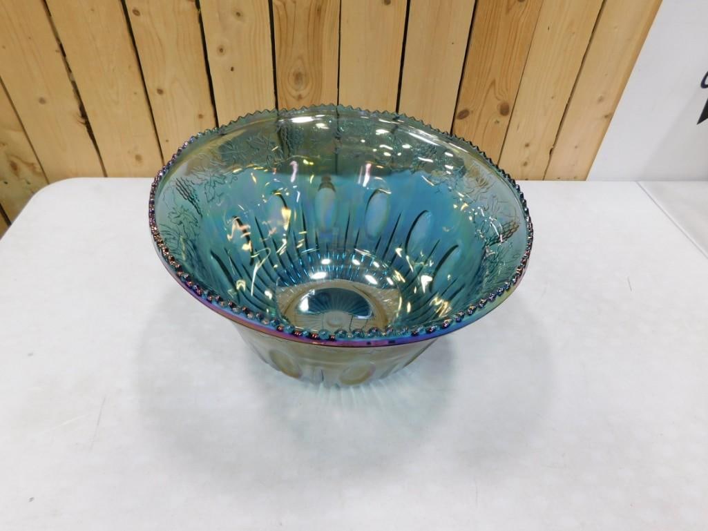 Blue Carnival Glass Bowl c. 1970s Harvest Grape Pattern 12" Diameter (1 of 6)