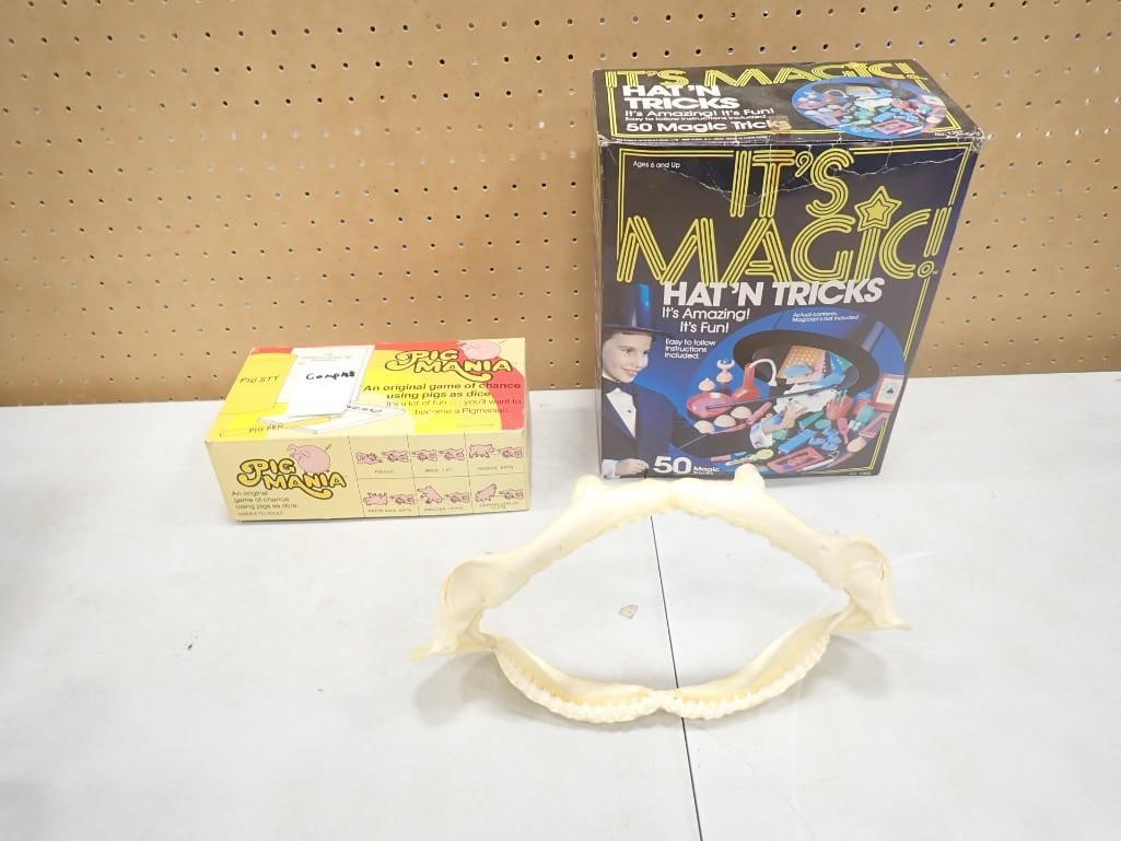 Misc. Lot including Pig Mania Game (Complete), It's Magic Hat 'N Tricks, Shark Teeth (Very sharp!): Misc. Lot including Pig Mania Game (Complete), It's Magic Hat 'N Tricks, Faux Shark Teeth (Very Sharp!)