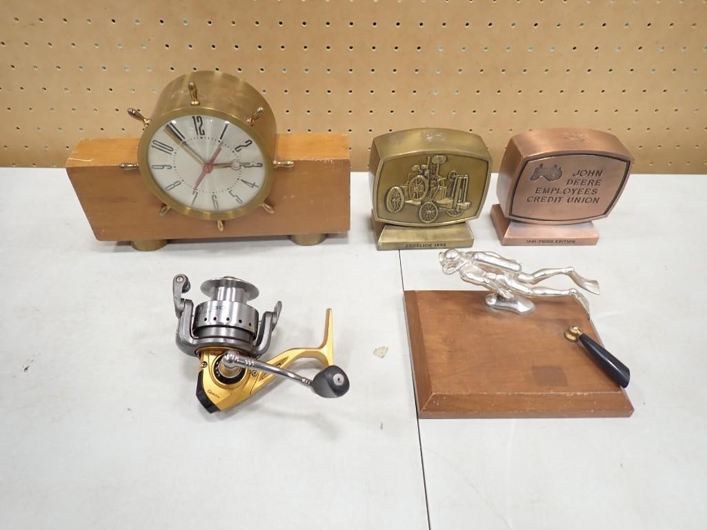 Misc. Lot including Nautical Clock, Fishing Reel, Scuba Pen Holder, John Deere (1 of 5)
